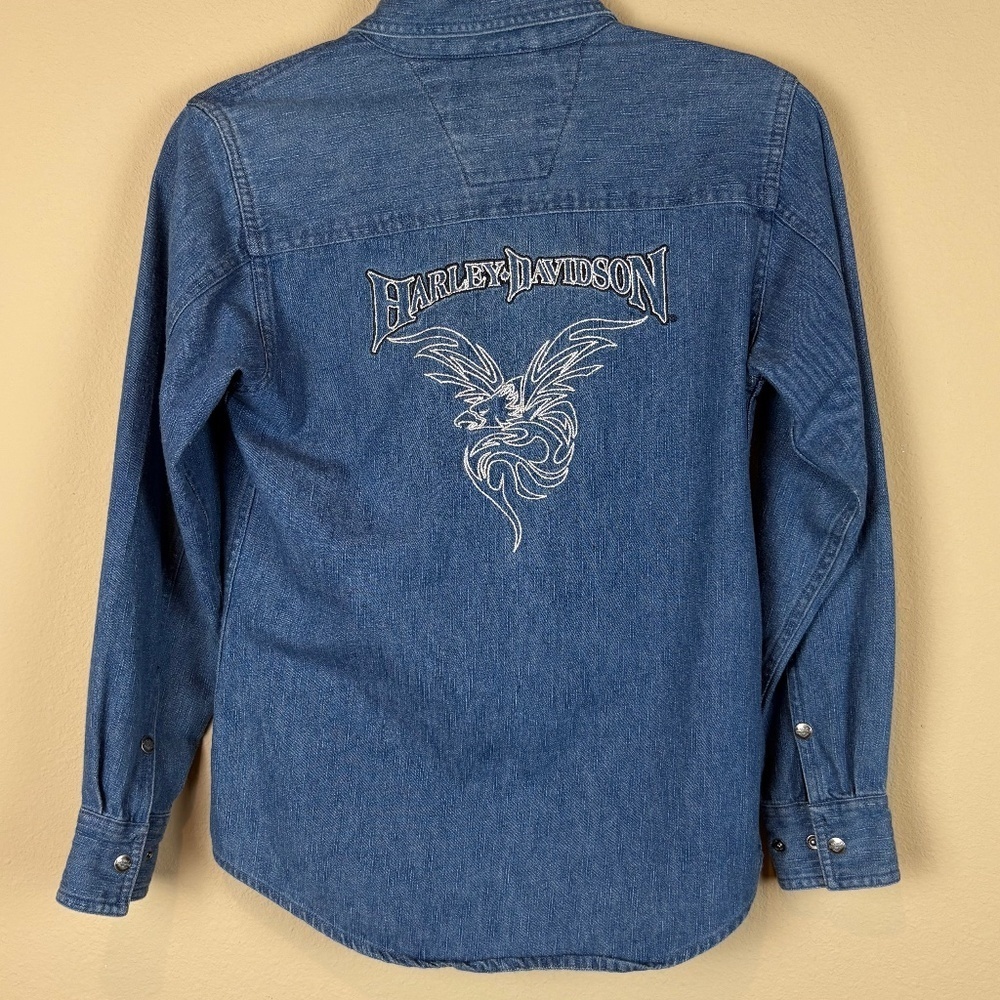 Harley Davidson Denim Long Sleeve Button Down Shirt w/ Silver Shimmer Embroidery - Picture 2 of 11